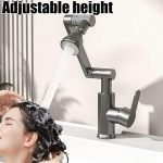 Single Handle Kitchen Sink Faucet, 360° Rotating Hot and Cold Water Kitchen Faucet, Lift Foldable Brass Basin Faucet, Silver, with Water Pipe 60cm