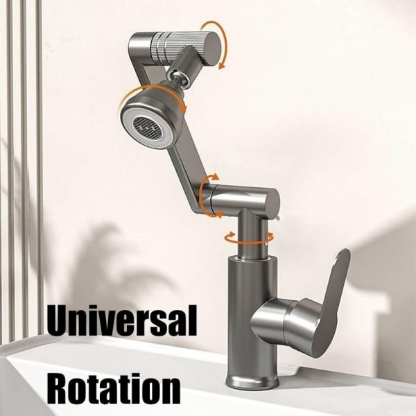 Single Handle Kitchen Sink Faucet, 360° Rotating Hot and Cold Water Kitchen Faucet, Lift Foldable Brass Basin Faucet, Silver, with Water Pipe 60cm